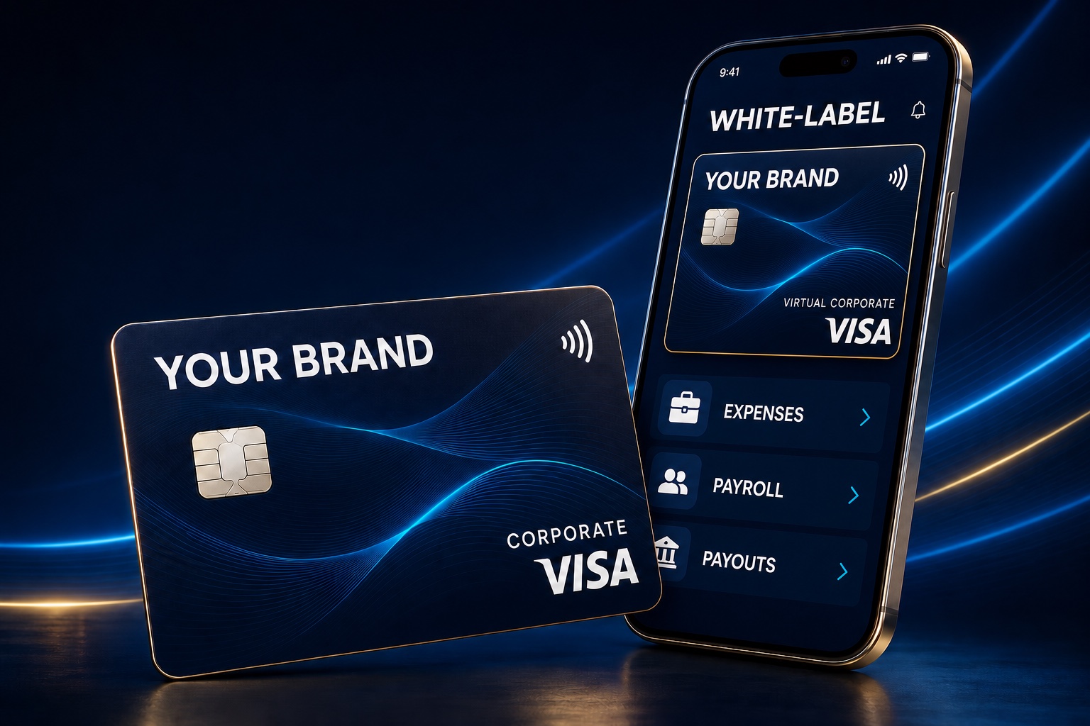 YOUR BRAND physical corporate Visa beside a WHITE-LABEL wallet displaying a virtual corporate Visa for expenses, payroll and payouts