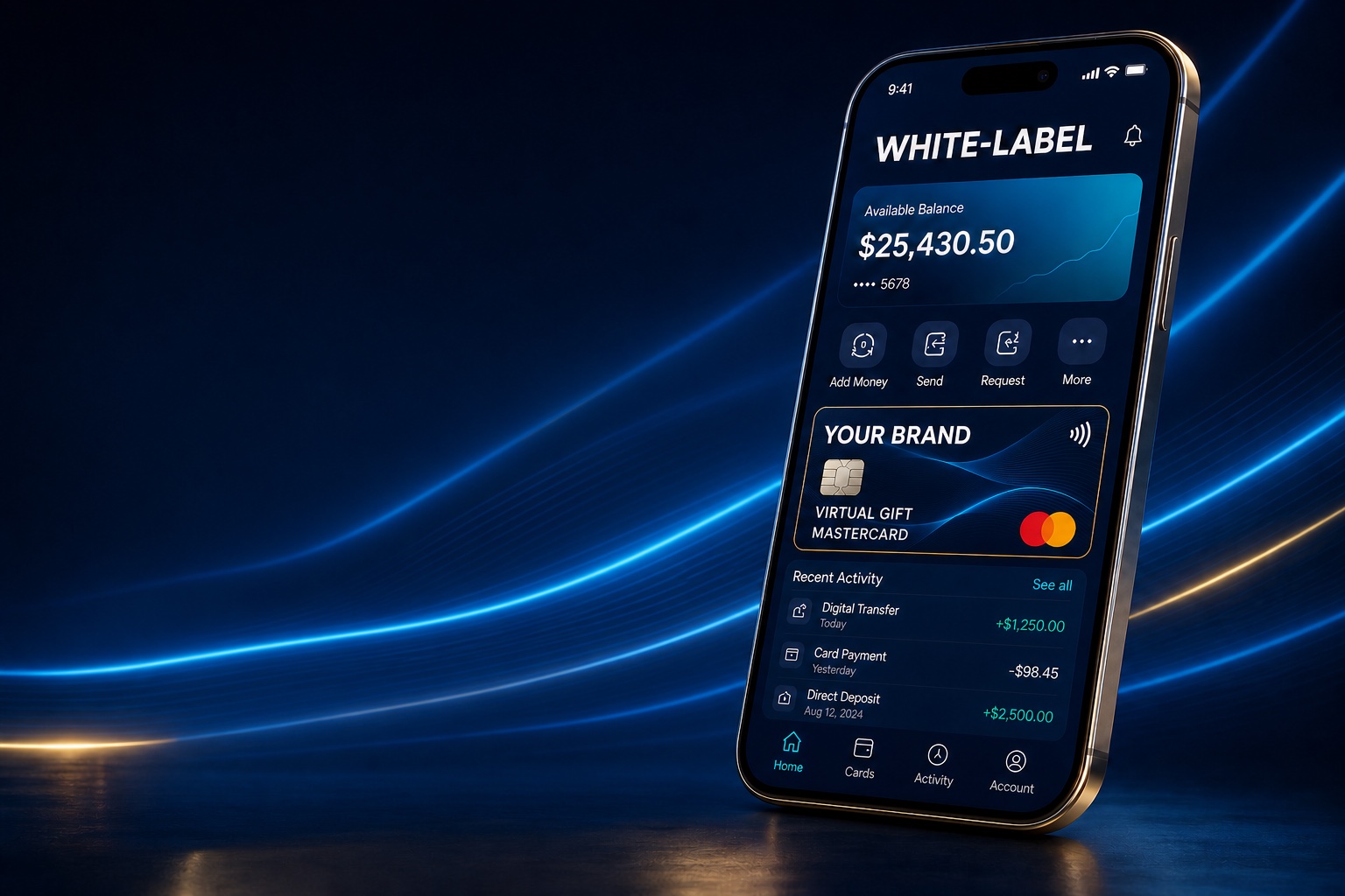 WHITE-LABEL mobile wallet displaying a YOUR BRAND virtual gift Mastercard with no physical card