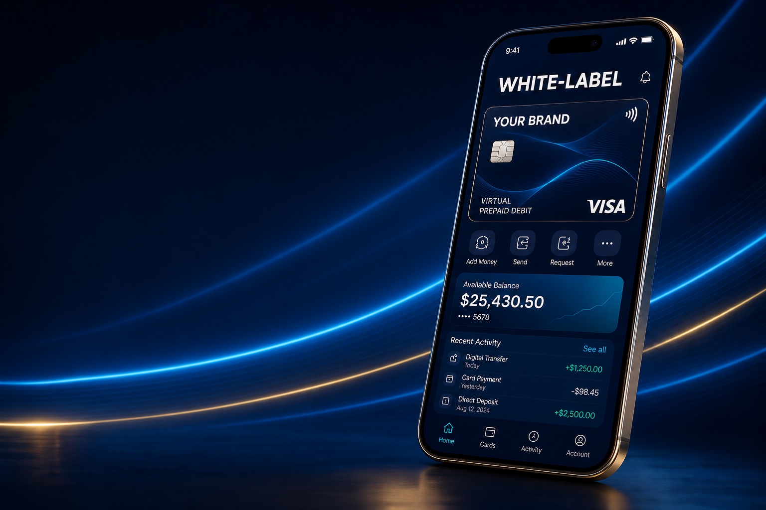 WHITE-LABEL mobile wallet displaying a YOUR BRAND virtual Visa prepaid debit card